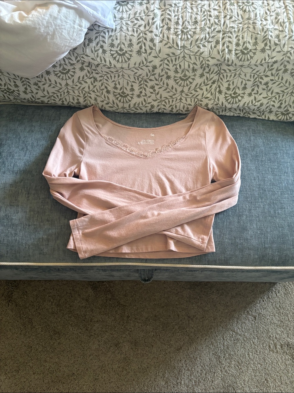 Women's Blush Long-Sleeve Scoop Neck Top with Lace Trim